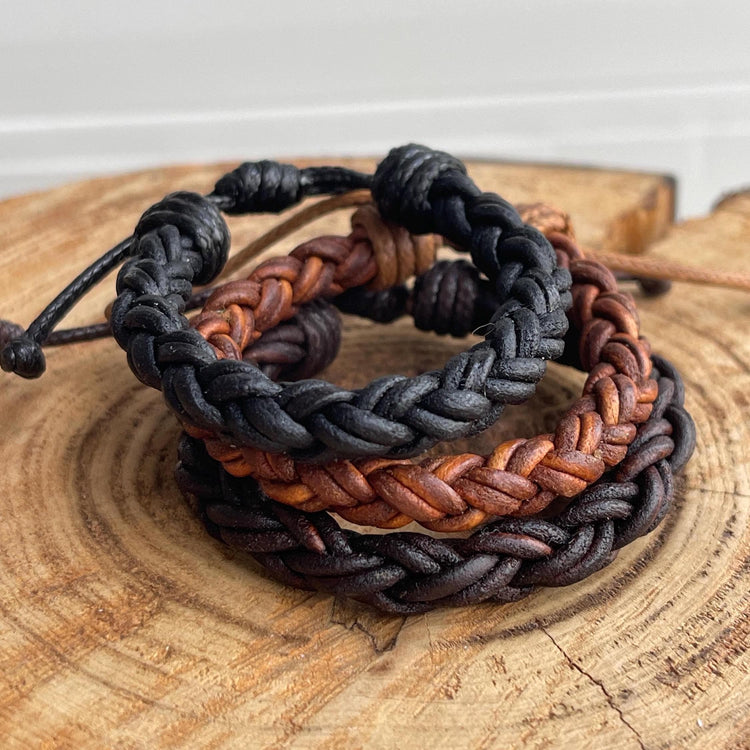 Black, Light Brown, Dark Brown Genuine Braided Leather Bracelets. Black, light brown, dark brown. Thickness 5/16” inches (8 mm). 8-ply braid, 2mm strands.