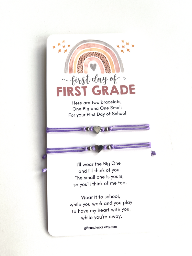 Mommy and Me Purple Silver Heart Bracelet – First Day of First Grade - Gifts & Knots