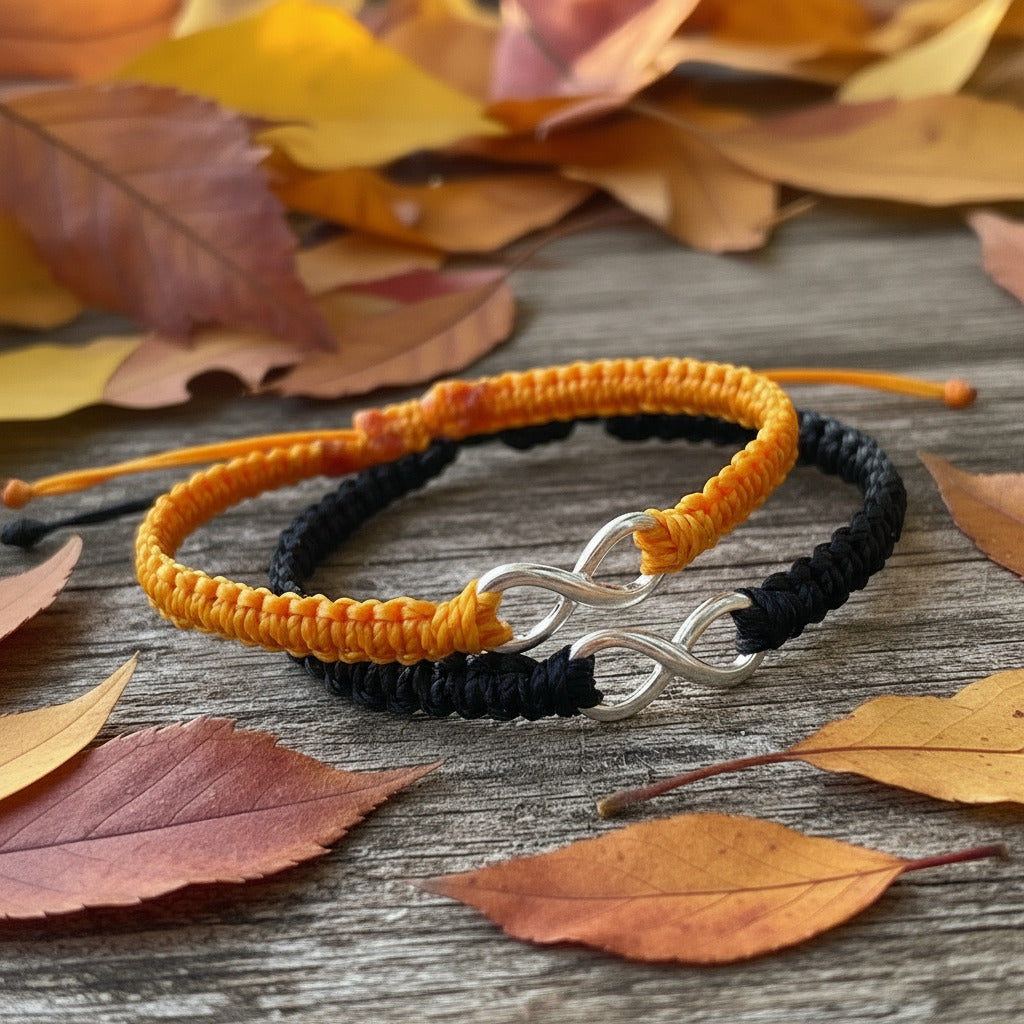 Two bracelets, one orange and one black, with a silver infinity symbol charm on a wooden surface.