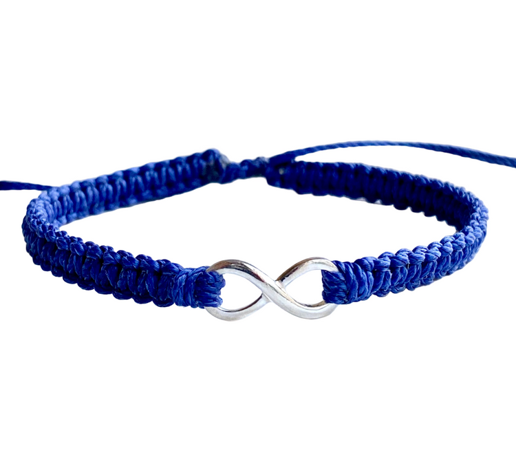 Blue braided bracelet with a silver infinity symbol on a white background