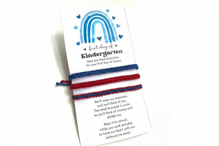 One Blue Adult Bracelet, One Red Adult Bracelet, One Blue Red ix Color Kid Bracelet, Blue Rainbow Card, First Day of Kindergarten