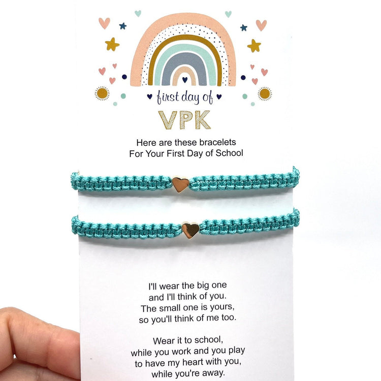 First Day of VPK card, Mommy and Me Bracelets wirh Gold Hearts. Seagreen Cord. Adjustable, Waterproof, Children-Safe.