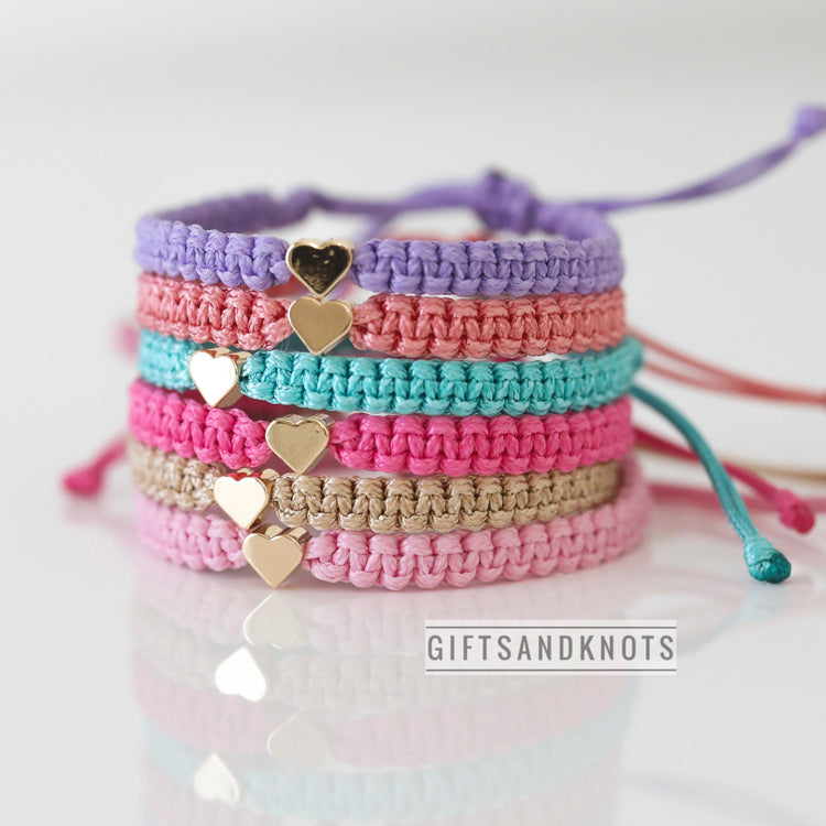 Friendship Bracelets Gold Hearts. Purple, Coral, Seagreen, Fucsia, Gold Pink. Braided macrame, adjustable, waterprood, children-safe bracelets.
