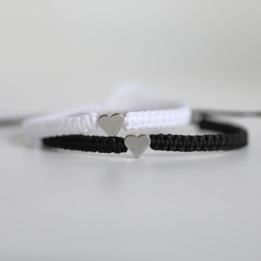 Couples Bracelets, Silver Heart Black and White Macrame Bracelets, His and Hers