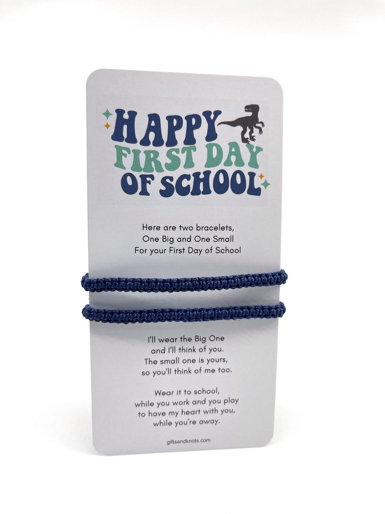 First Day of School Bracelets. Navy Blue Bracelet Set. Mommy and Me. Dinosaur design card.