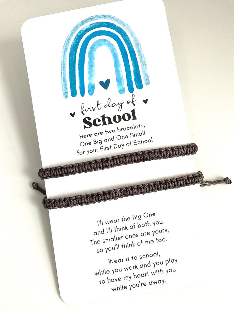 First Day of School, Gray Matching Bracelets, Mommy and Me, Daddy and Me. Includes one adult and one child bracelet. Adjustable, waterproof, and children safe bracelet. Back to School gift. Separation anxiety bracelets.