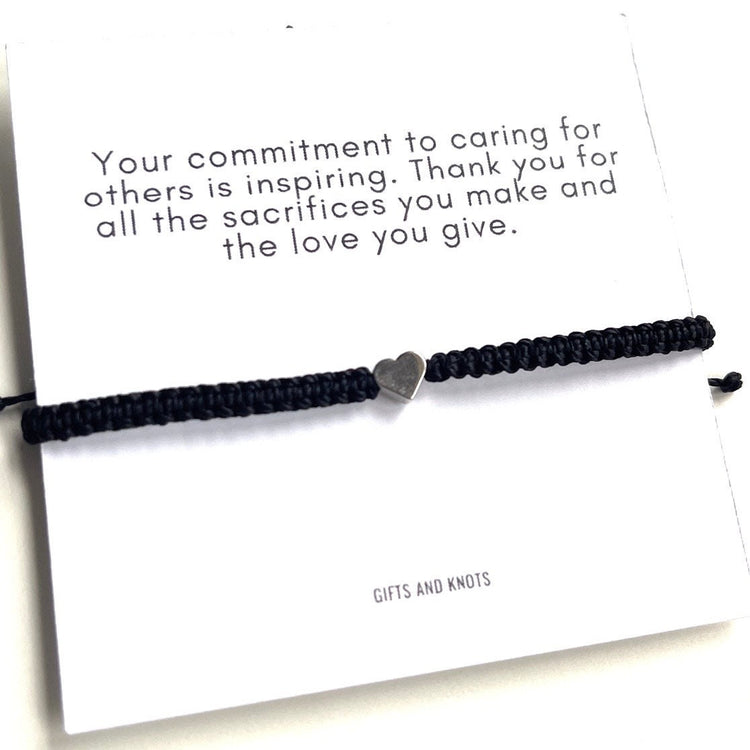 Caregiver Thank You Gift Silver Heart Black Bracelet