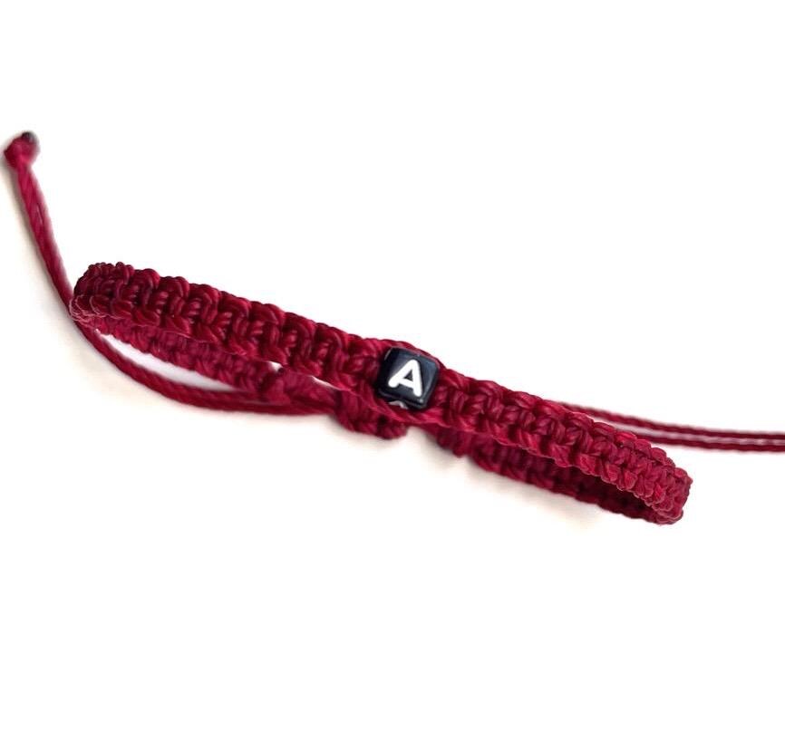 Burgundy bracelet with initial letter by Gifts and Knots