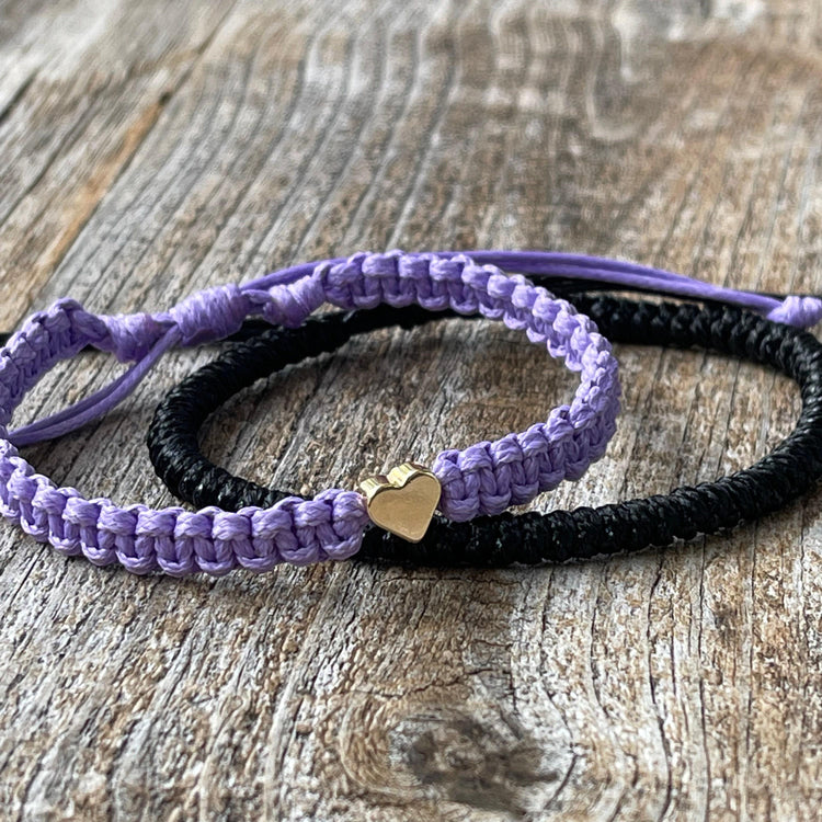 Couples bracelets, Black & Purple, Gold Heart by Gifts & Knots