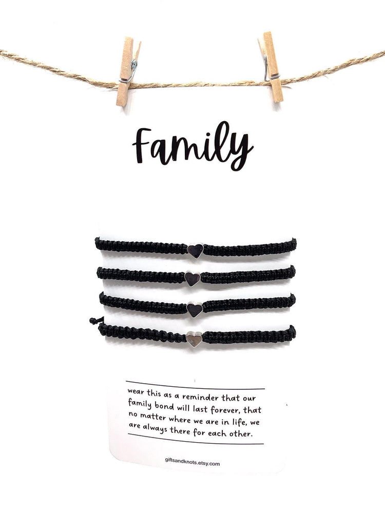 Family Matching Bracelets, Black, Silver Hearts charm by Gifts and Knots