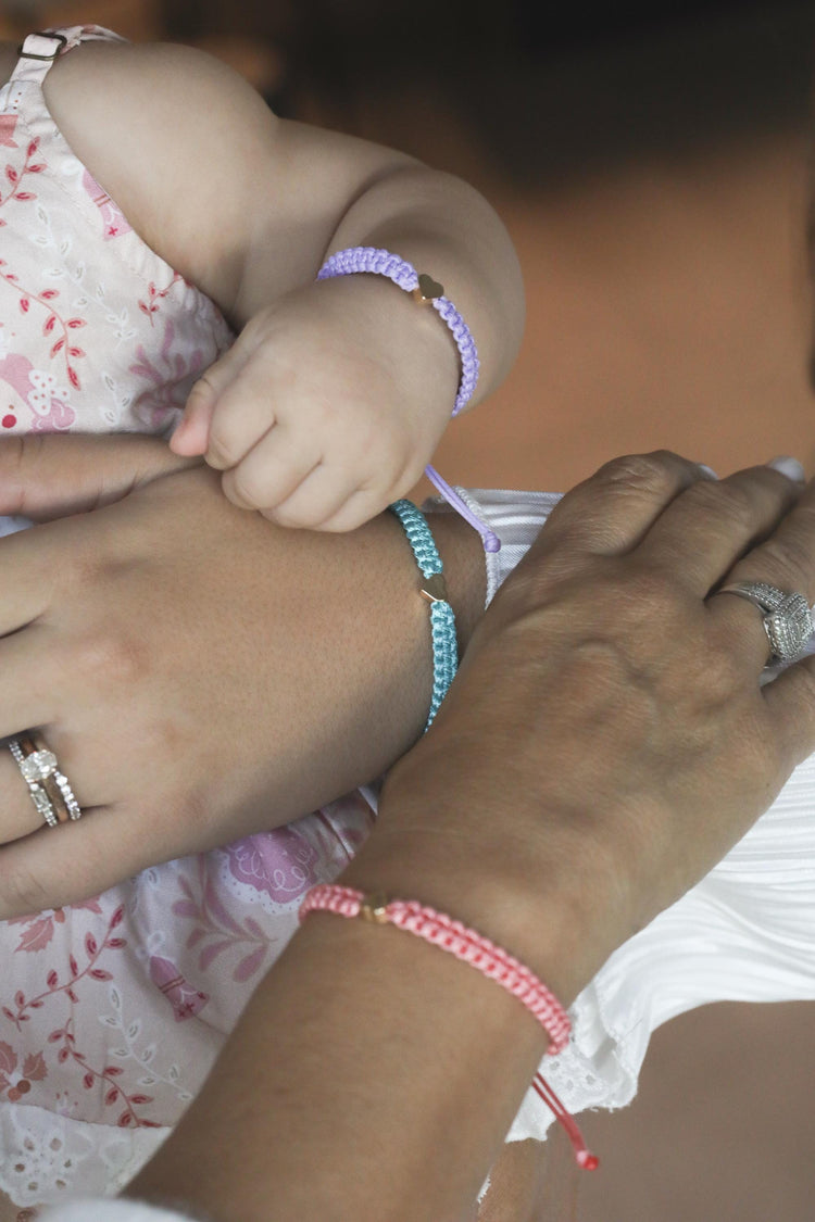 Purple, Sea green, Coral bracelets. Family Set Heart Matching Bracelets, First Day of School, Heart Matching Bracelet Set for Dad, Mom, & Daughter β Purple, Pink, Sea Green, Coral, Fucsia, Gold, Light Pink, Olive.