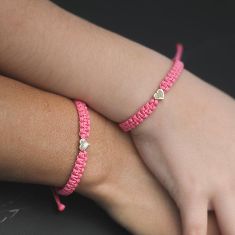 Friendship Bracelets Gold Hearts. Coral color bracelet. Braided macrame, adjustable, waterprood, children-safe bracelets.