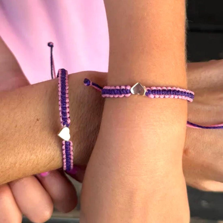 Pink Purple Matching Bracelets, Gold Hearts, First Day Kindergarten Card, Braided Macrame, Adjustable Waterproof by Gifts & Knots