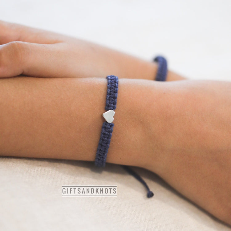 Blue Bracelet Silver Heart Macrame Braided