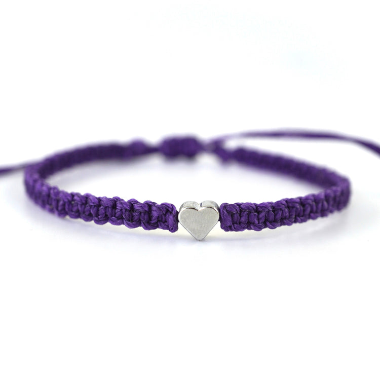 Purple Ribbon Awareness Bracelet Silver Heart Bracelet Braided Macrame Adjustable Waterproof by Gifts & Knots