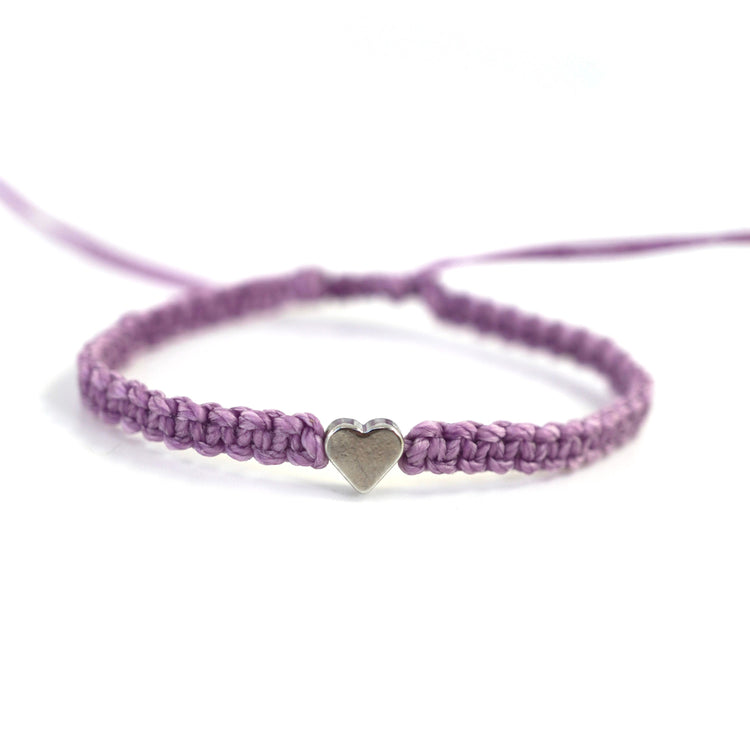 Lavender Ribbon Awareness Silver Heart Bracelet Lilac Light Purple Braided Macrame Adjustable Waterproof