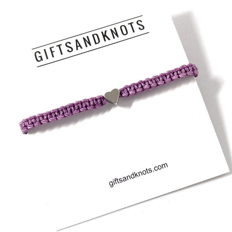 Lavender Ribbon Awareness Silver Heart Lilac Light Purple Bracelet Braided Macrame Adjustable Waterproof by Gifts & Knots