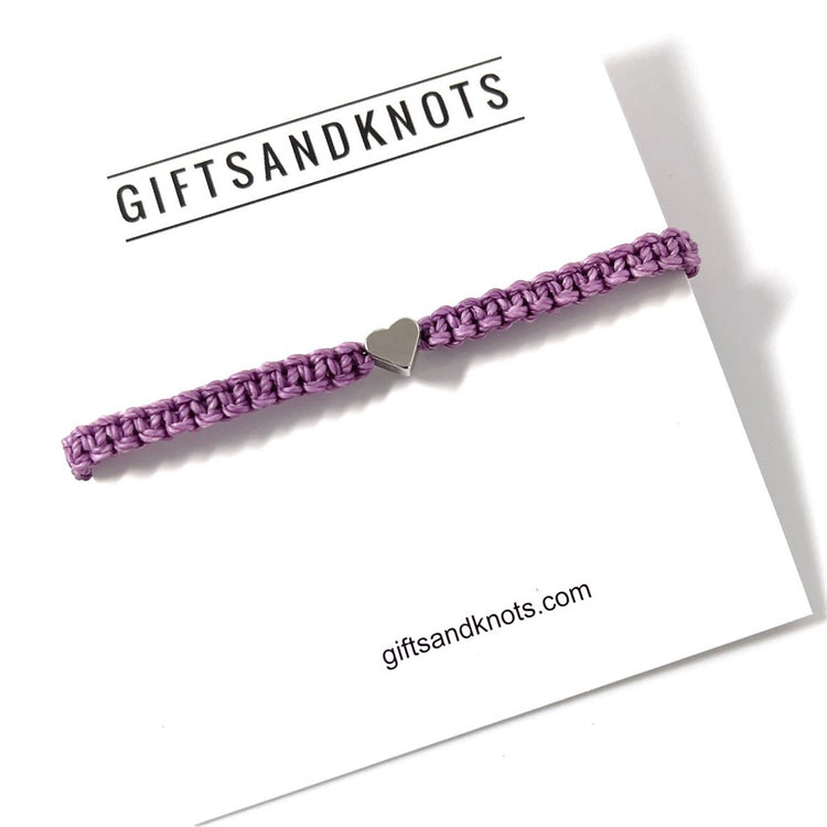 Purple Ribbon Awareness Silver Heart Bracelet Braided Macrame Adjustable Waterproof by Gifts & Knots