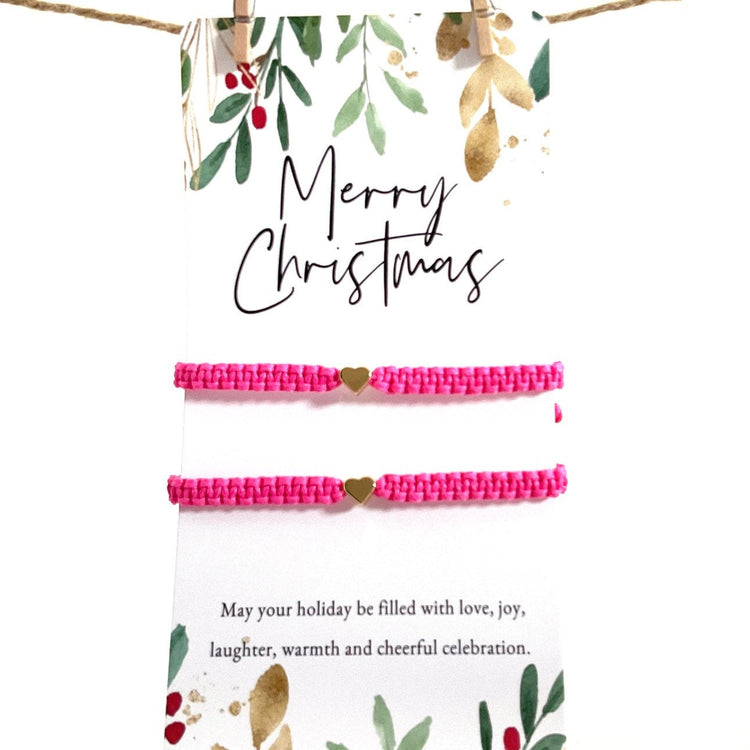 Mommy and Daughter Gold Heart Fuchsia Bracelet Family Christmas Gifts, Gifts Under 15