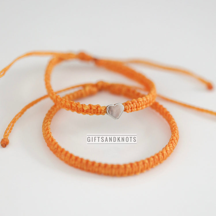 Couple Bracelets Silver Heart Orange Matching Bracelets