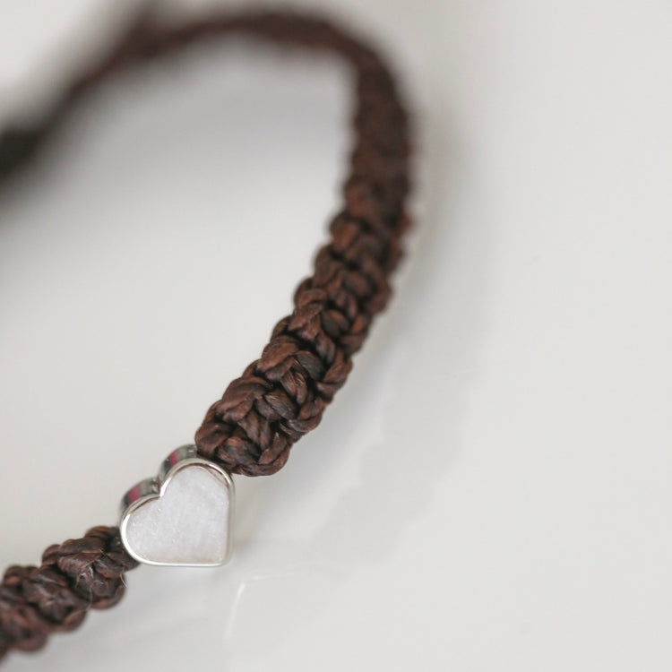 Silver Heart Bracelet Dark Brown Rope