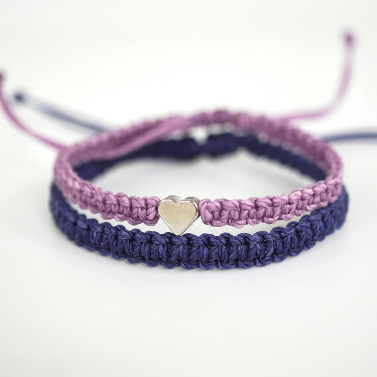 Couple Bracelet Silver Heart Light Purple and Blue