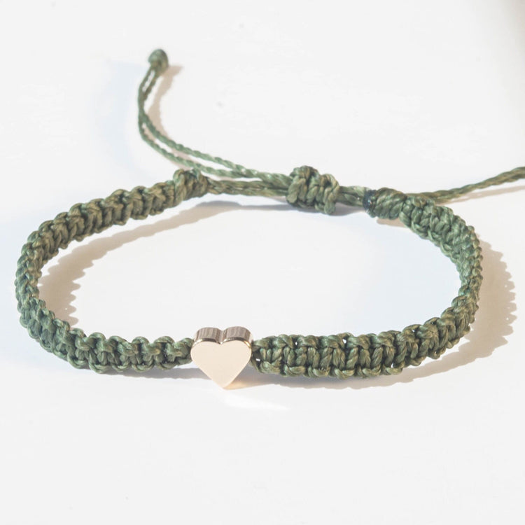 Silver Heart Bracelet Moss Green Rope
