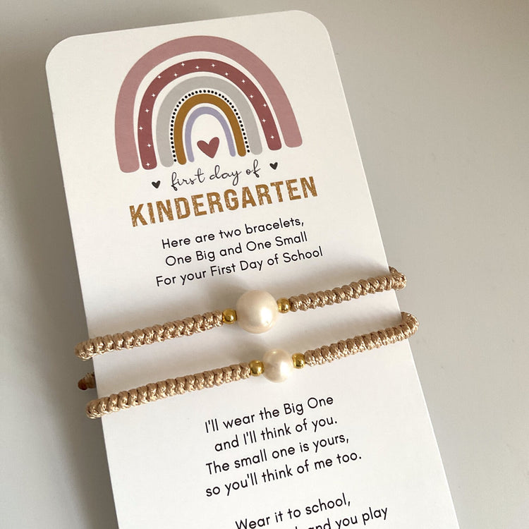 First Day of Kindergarten Gold Mommy and Me Pearl Macrame Matching Bracelets