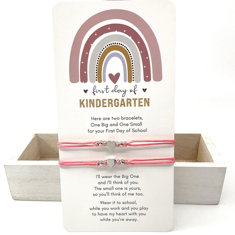 Mommy and Me Heart Silver Heart Matching Bracelets, First Day of Kindergarten