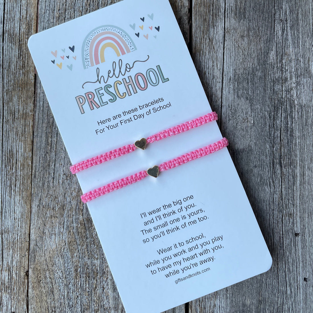 Mommy and me matching heart bracelets for the first day of preschool, handmade in Florida by Gifts and Knots