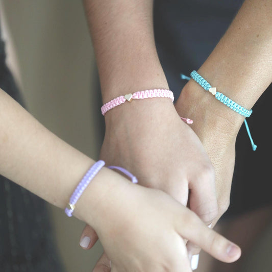 Friendship Bracelets Gold Hearts. Purple, Pink, and Seagreen. Braided macrame, adjustable, waterprood, children-safe bracelets.
