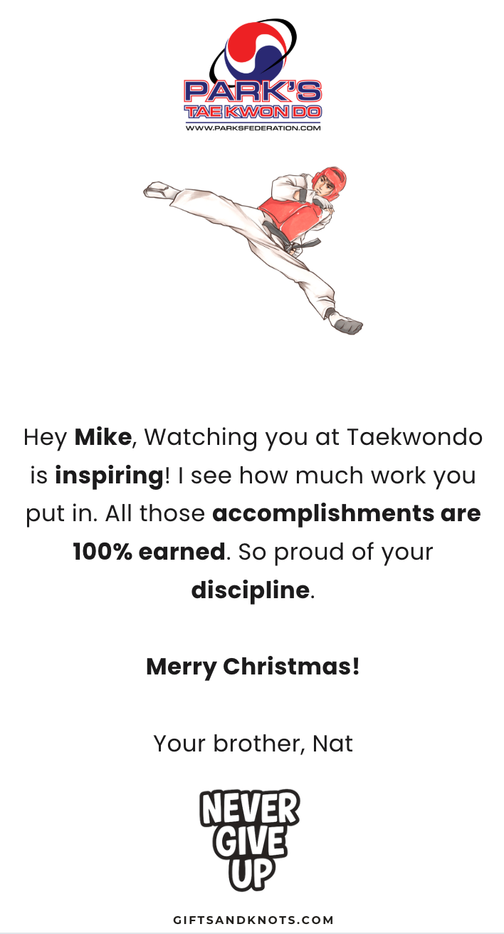 Parks Taekwondo Bracelet - Custom Message - Coral Springs - Online Order