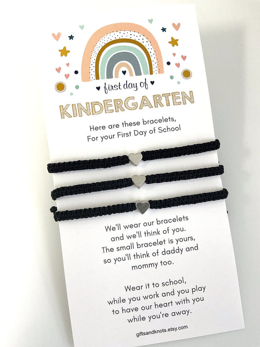 Family Heart Black Matching Bracelets, First Day of Kindergarten, Silver Hearts