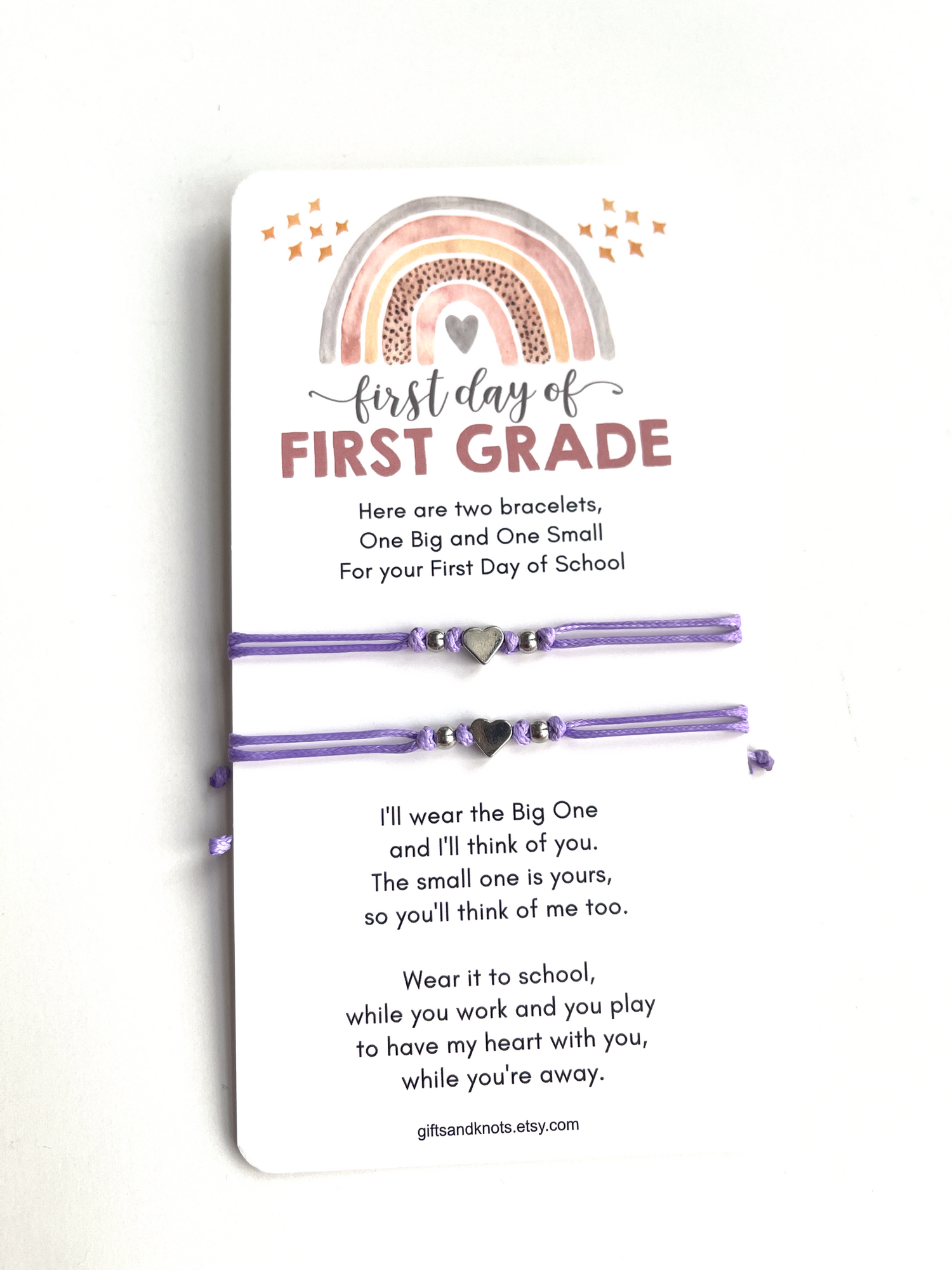 Mommy and Me Purple Silver Heart Bracelet – First Day of First Grade - Gifts & Knots