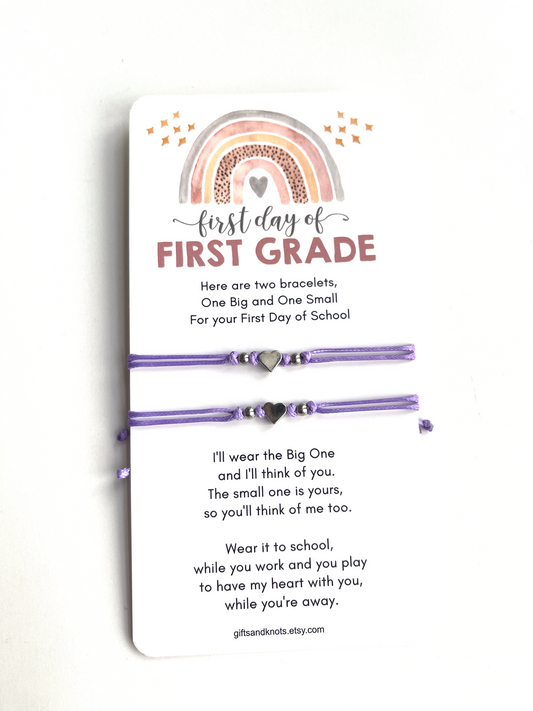 Mommy and Me Purple Silver Heart Bracelet – First Day of First Grade - Gifts & Knots