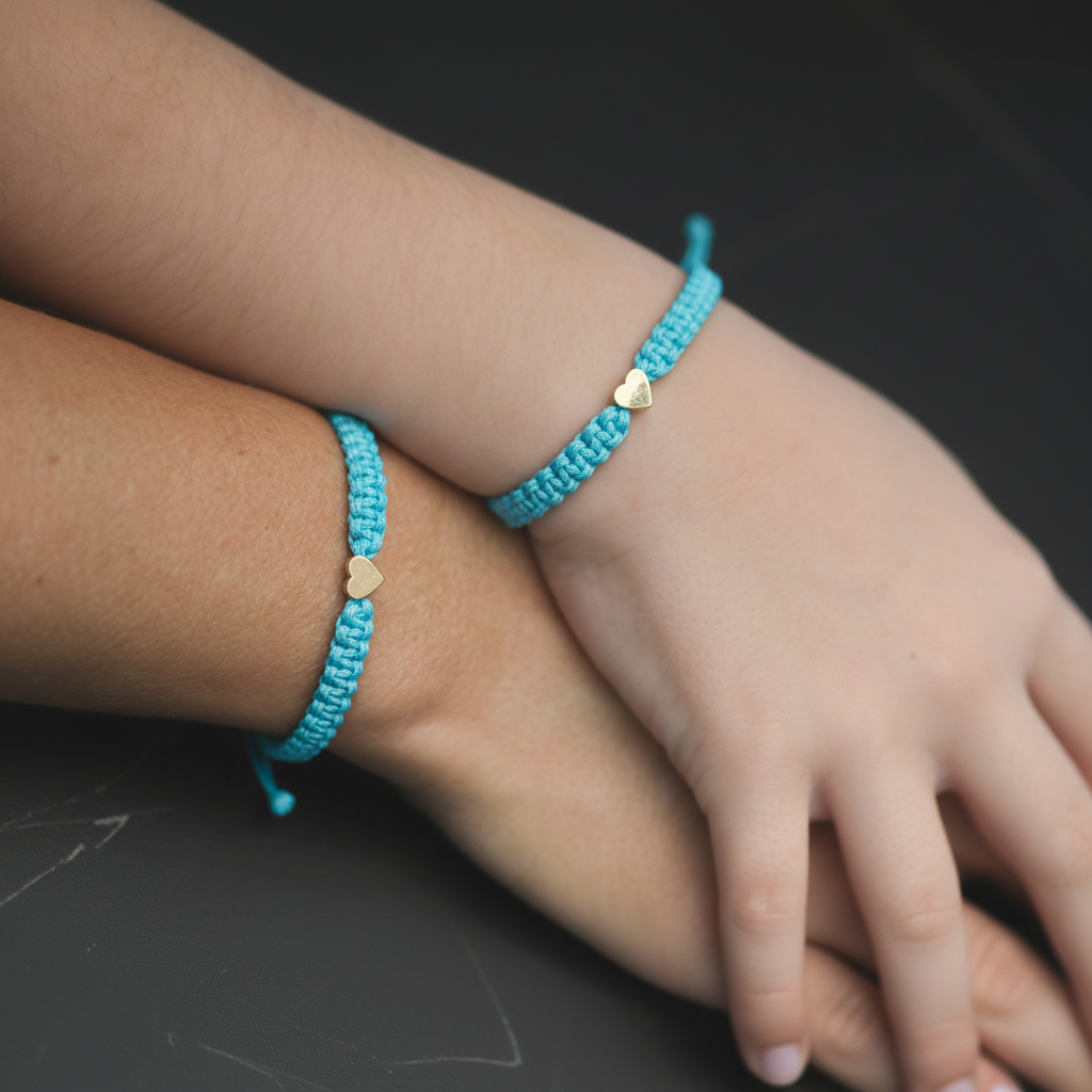 Mommy and Me Bracelets, Teal Sea green, Gold Hearts
