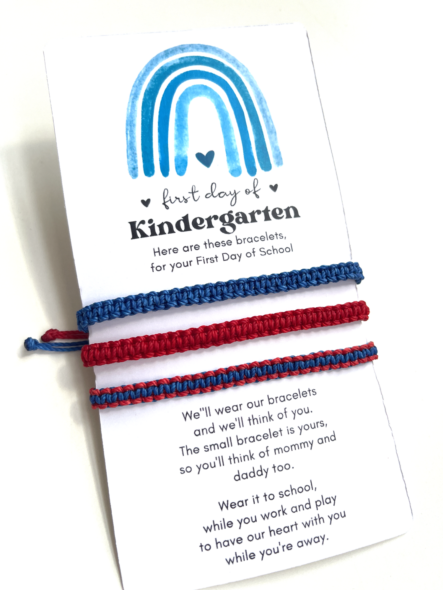 One Blue Adult Bracelet, One Red Adult Bracelet, One Blue Red ix Color Kid Bracelet, Blue Rainbow Card, First Day of Kindergarten