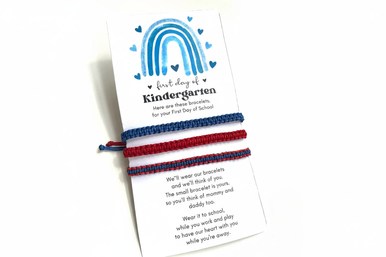 One Blue Adult Bracelet, One Red Adult Bracelet, One Blue Red ix Color Kid Bracelet, Blue Rainbow Card, First Day of Kindergarten