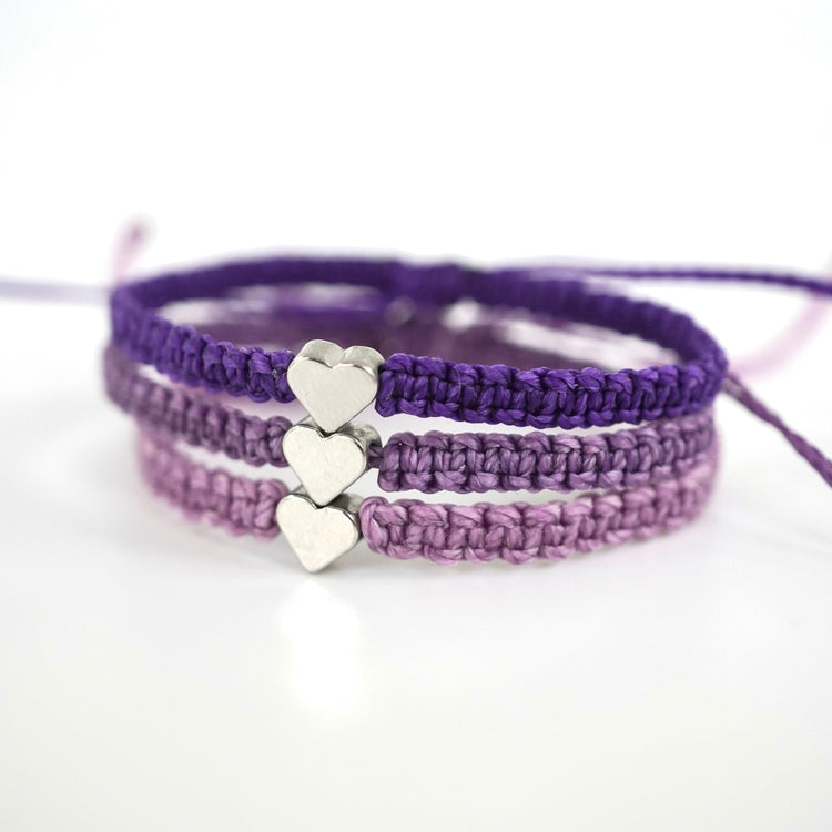Purple Bracelets Silver Heart Macrame Braided