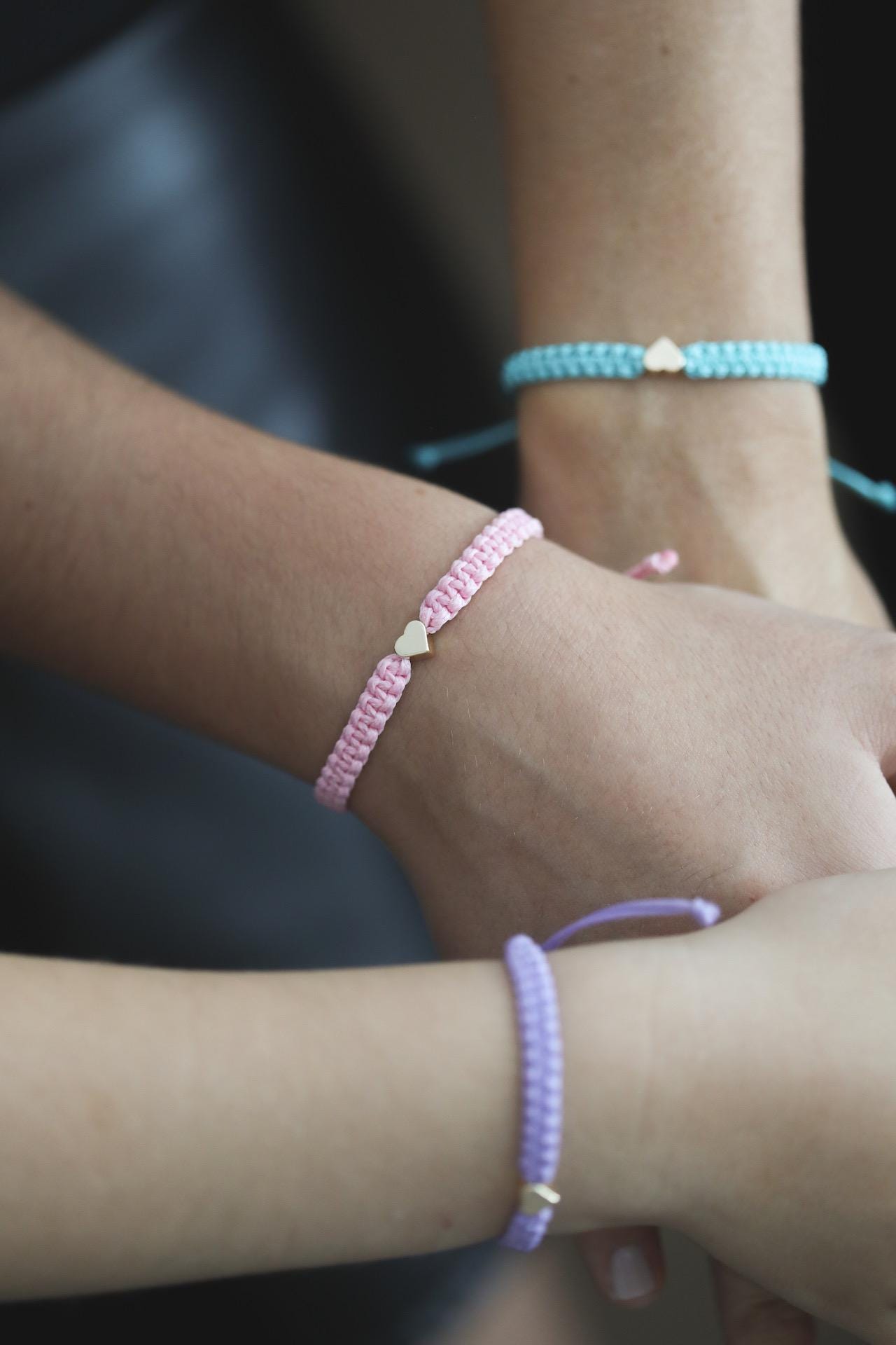 Seagreen, Pink, Lavender Bracelets with Gold Hearts