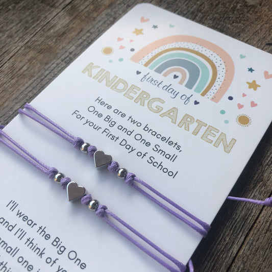 Mommy and Me Matching Bracelets. First Day of Kindergarten card. Purple Minimalist Bracelets. Silver hearts and beads.