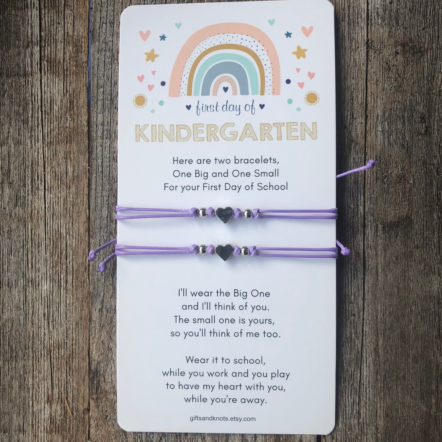 Mommy and Me Matching Bracelets. First Day of Kindergarten card. Purple Minimalist Braceleta. Silver hearts and beads.