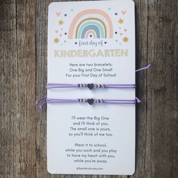 Mommy and Me Matching Bracelets. First Day of Kindergarten card. Purple Minimalist Braceleta. Silver hearts and beads.