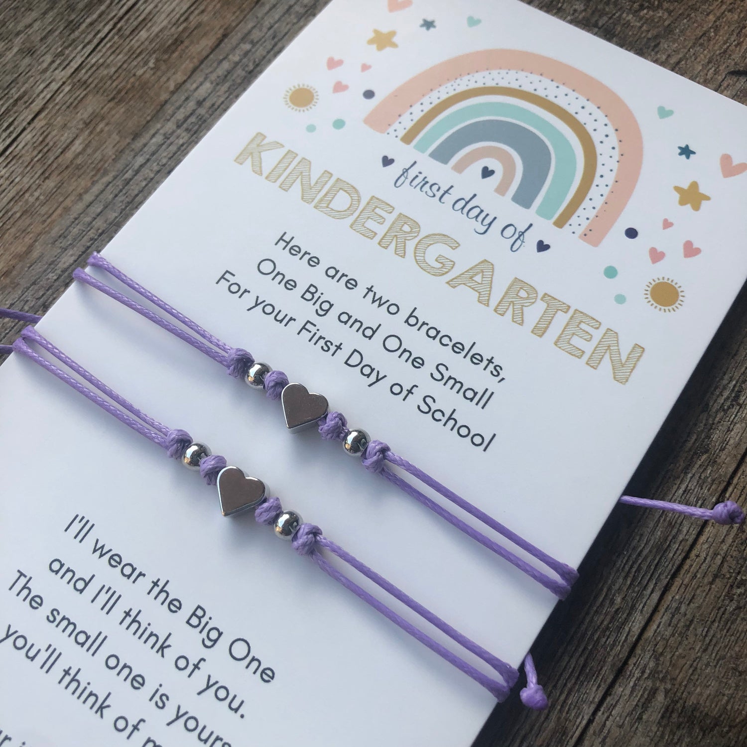 Mommy and Me Matching Bracelets. First Day of Kindergarten card. Purple Minimalist Bracelets. Silver hearts and beads.