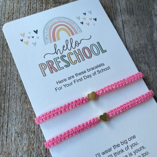 Pink Matching Bracelets with gold hearts First Day of Preschool by Gifts & Knots