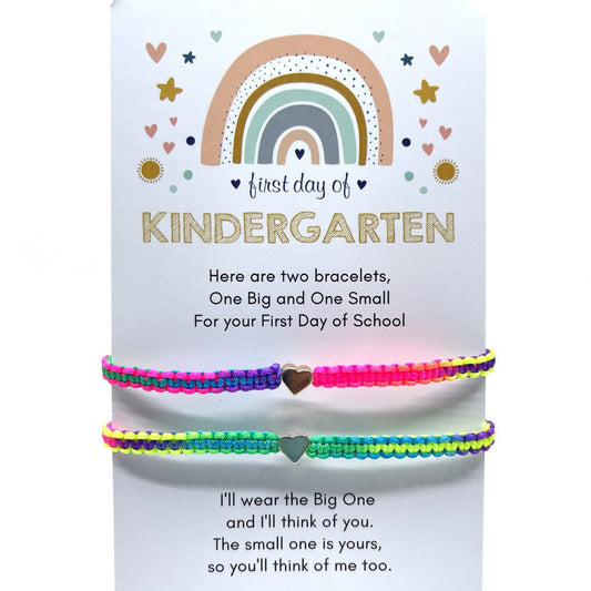 Rainbow Colorful Matching Bracelets, Mommy and Me, Gold Heart Charms, Adjustable, Waterproof. Includes First Day of Kindergarten card.