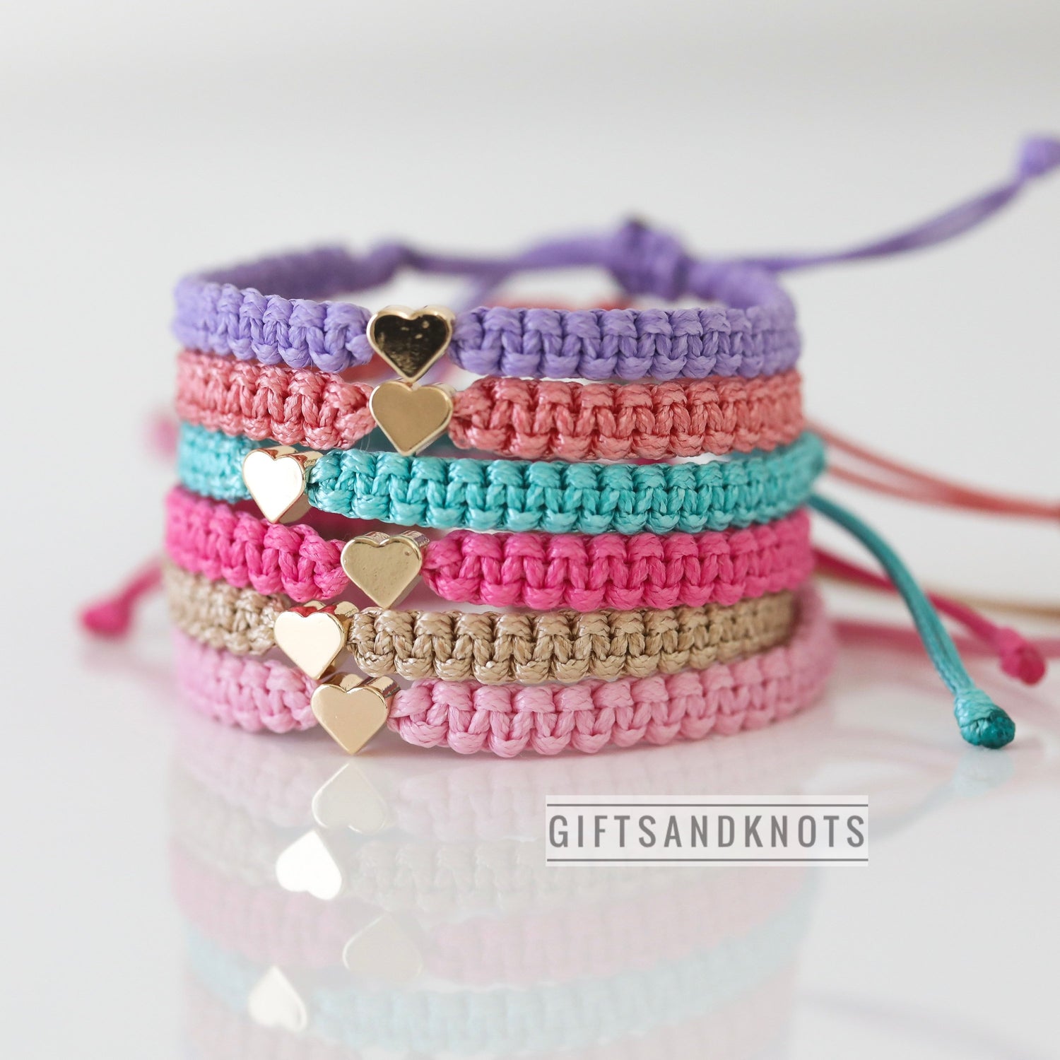 Friendship Bracelets Gold Hearts. Purple, Coral, Seagreen, Fucsia, Gold Pink. Braided macrame, adjustable, waterprood, children-safe bracelets.