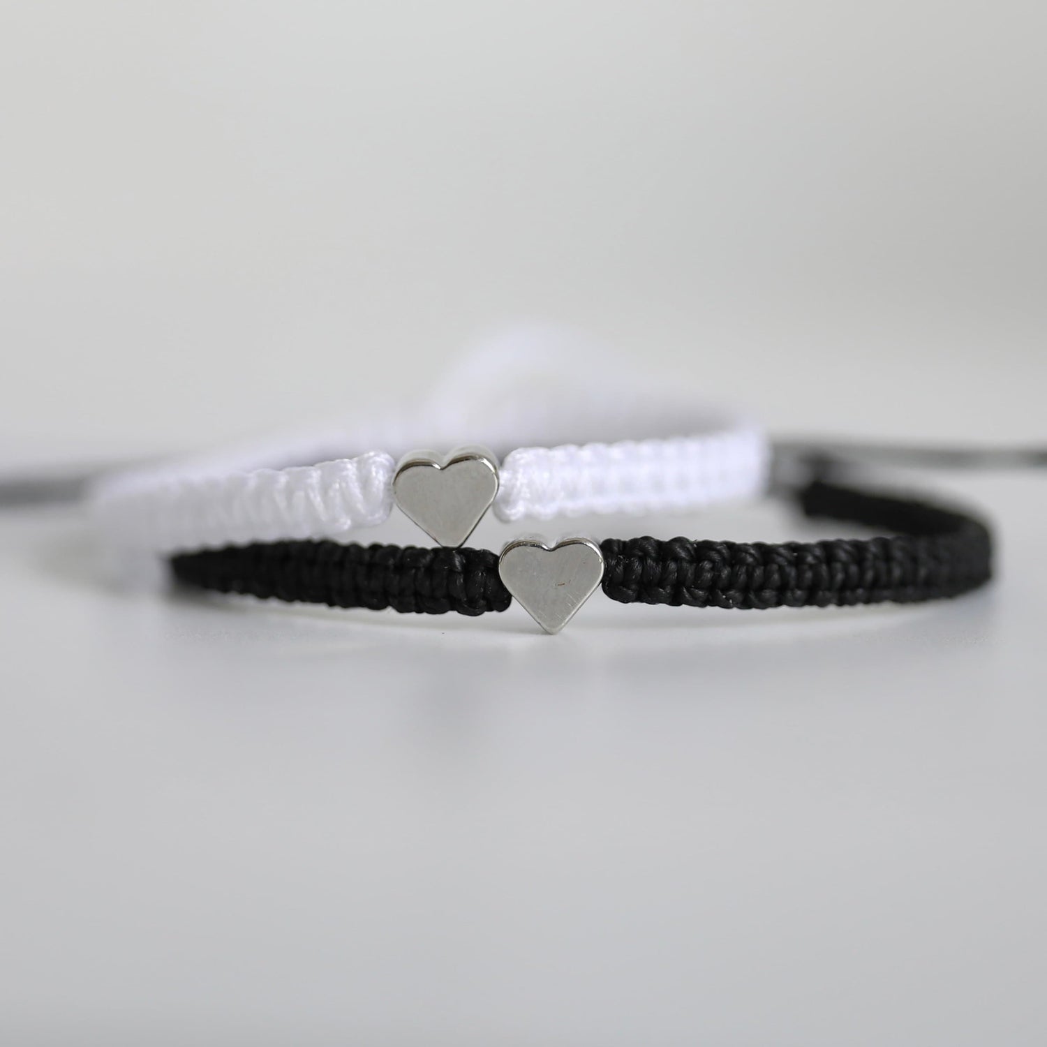 Couples Bracelets, Silver Heart Black and White Macrame Bracelets, His and Hers