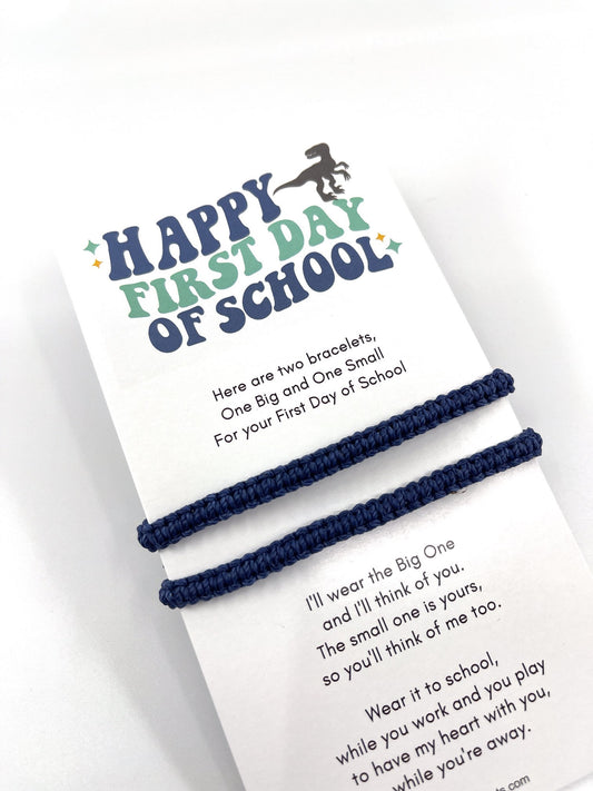 First Day of School Bracelets. Navy Blue Bracelet Set. Mommy and Me. Dinosaur design card.