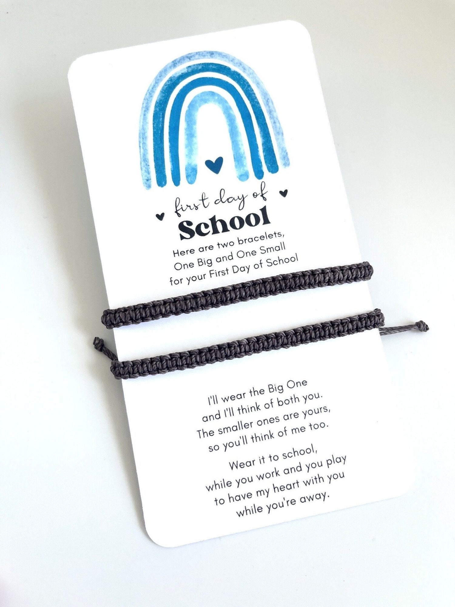 First Day of School, Gray Matching Bracelets, Mommy and Me, Daddy and Me. Includes one adult and one child bracelet. Adjustable, waterproof, and children safe bracelet. Back to School gift. Separation anxiety bracelets.